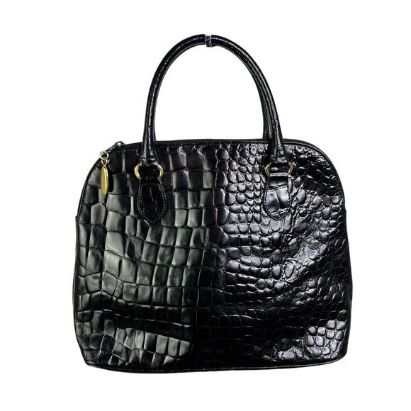 Talbots Handbag Womens Black Faux Crocodile Skin Gold Trim Old Money Classic - Picture 3 of 8